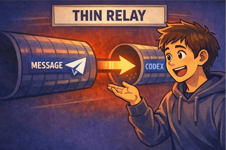 텔레그램 봇이 프롬프트를 개발 스레드로 그대로 전달하는 얇은 릴레이 구조 개념도