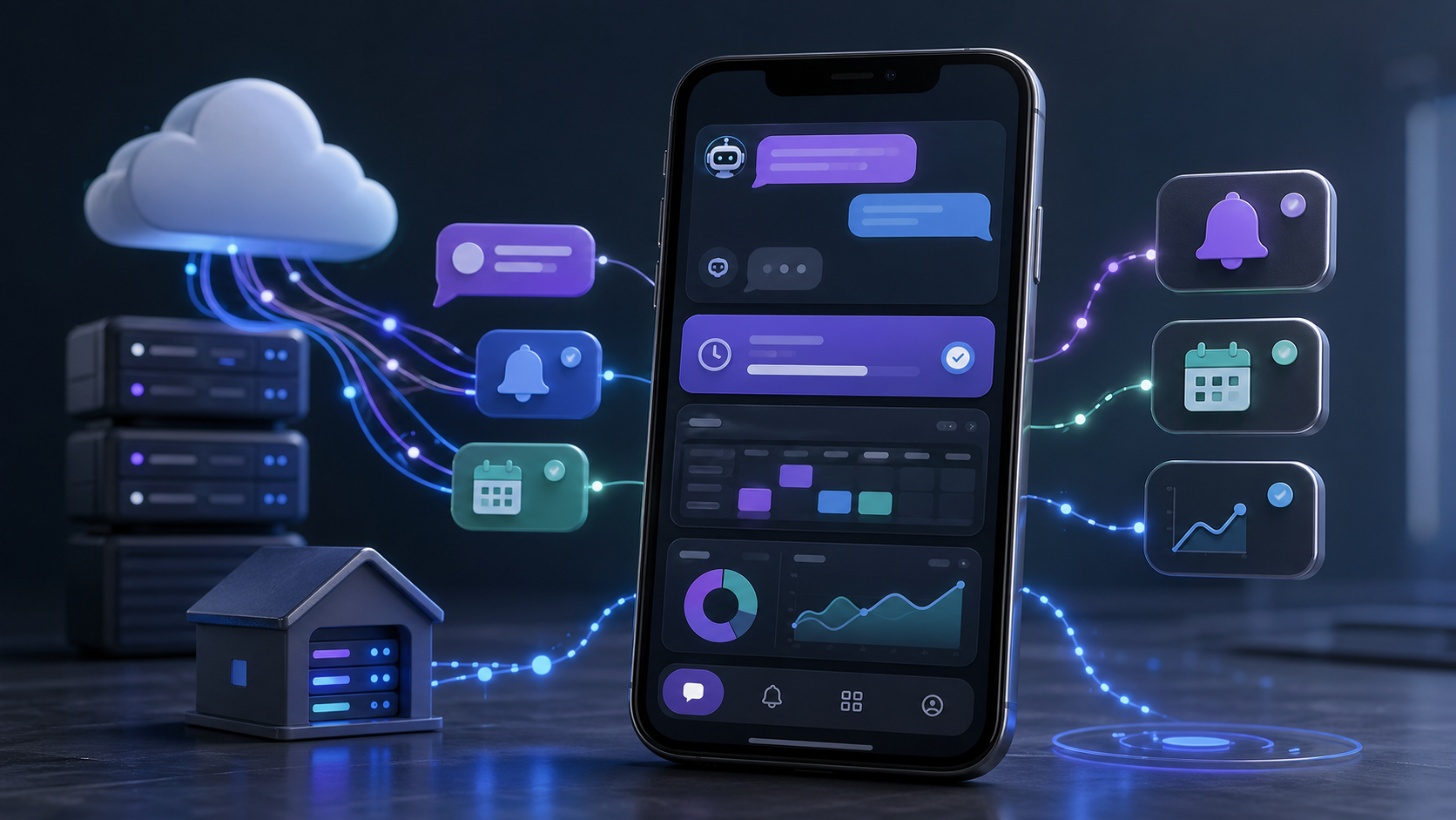 Mobile app showing push, reminders, asset management, and chat